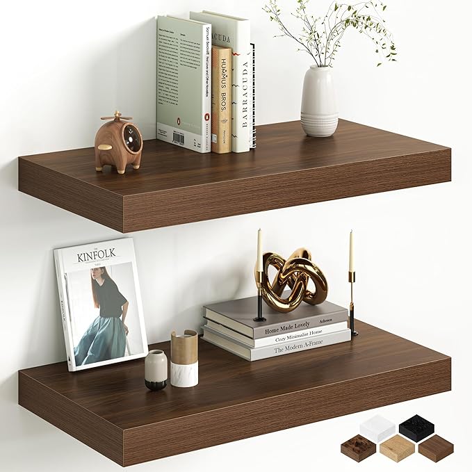 Fun Memories 12 Inch Deep Walnut Floating Shelf, 24 x 12 Rustic Wood Wall Shelf for Books, 2" Thick Deep Floating Shelf for S
