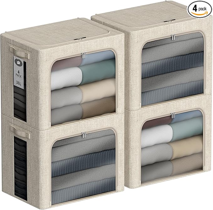 4 Pack Clothes Storage Bins with Metal Frame - 36L Stackable Storage Box with Lid，Foldable Storage Container Organizer for Cl