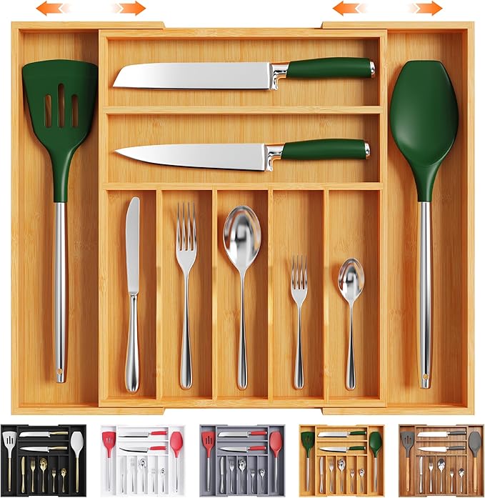 Bellsal Large Premium Bamboo Silverware Organizer - Expandable Utensil Drawer Organizer - 17"x19.6" Utensil Holder and Cutler