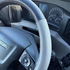 18-Inch Genuine Leather Steering Wheel Cover for Semi Trucks – Grey with Black Carbon Fiber Imitation, Heavy-Duty Non-Slip Grip, Universal Fit, Easy Installation