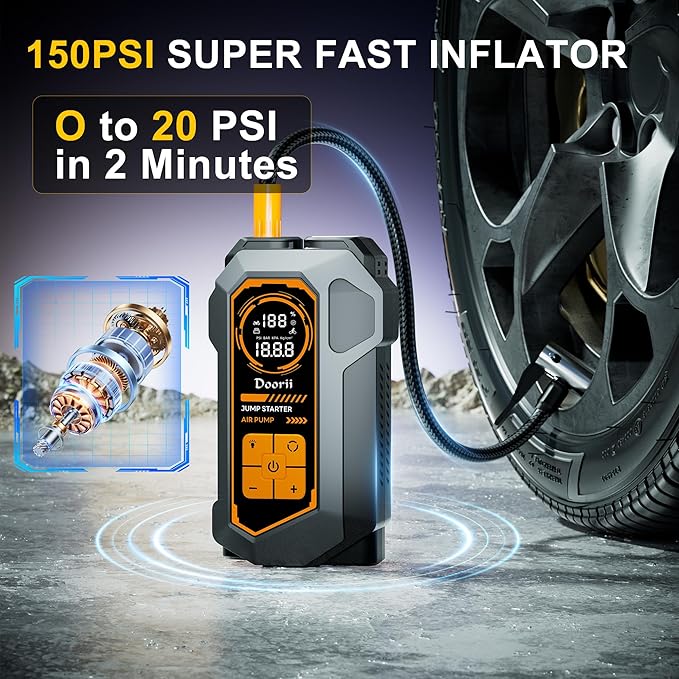 Jump Starter with Air Compressor, Car Jumper Starter Portable 6000A, 150PSI Tire Inflator/Air Pump, LED Flashlight for