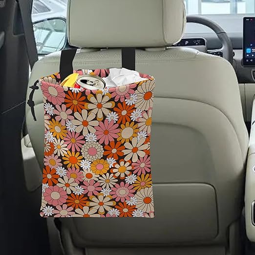 Car Trash Bag Vintage Groovy Flowers Car Garbage Bag Hanging Car Trash Can