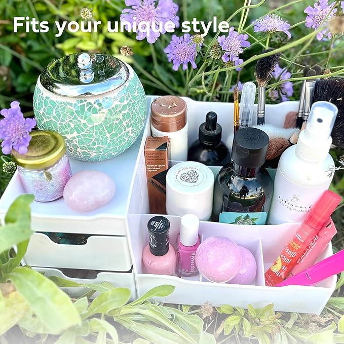 Uncluttered Designs Large Makeup Organizer for Vanity - Countertop Desk With Drawers for Cosmetic, Beauty, Hair, Nail, Perfum