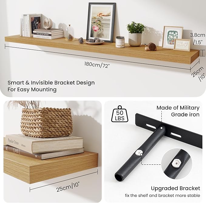 Fun Memories 72 Inch Fireplace Mantel Shelf, 10 Inch Deep Shelves for Display & Wall Storage, Rustic Wood Wall Shelf, Extra L