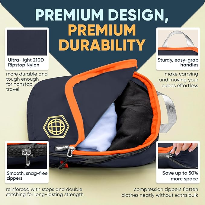 TRIPPED XL Compression Packing Cubes — 7-Piece Set for Checked Luggage | Extra-Large (15.7"×11"×4") + Large + Small + Tube + 