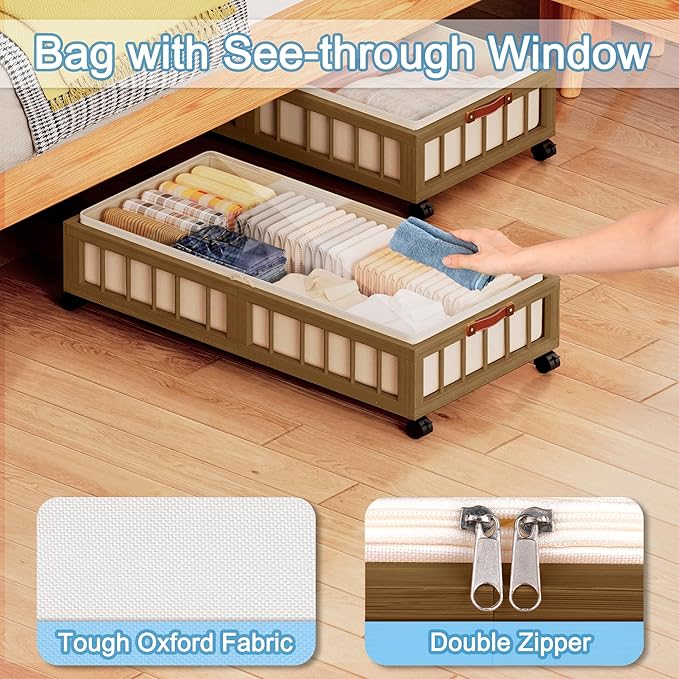 efluky 2-Pack Bamboo Under Bed Storage with Wheels, Rolling UnderBed Storage Basket with Large Dust Bag, Under Bed Storage Co