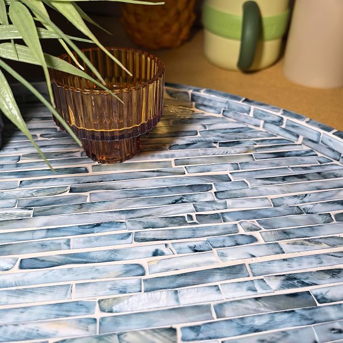 i-lan 17-inch Mother of Pearl Lazy Susan – Blue Brick Pattern Rotating Turntable with Smooth Spin, Large Decorative Tray for 