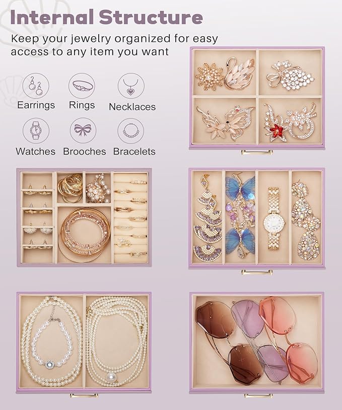 Enthralite Jewelry Box with 4 Drawers: Display Organizer for Earrings Necklaces - Gifts for Girls Women (Grey Purple)