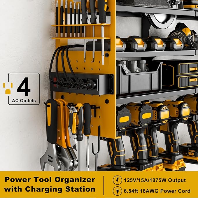 12 Cordless Drill Holder Large Power Tool Organizer Wall Mount with Side Pegboard & Screwdriver Holder, 4-Tier Heavy Duty Met