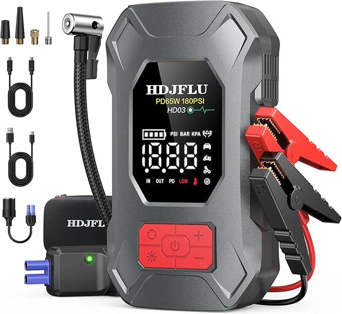 7500A Jump Starter with 180PSI Air Compressor, 24000mAh Car Battery Jump Starter(All Gas/10.0L Diesel), 65W Fast Charge,