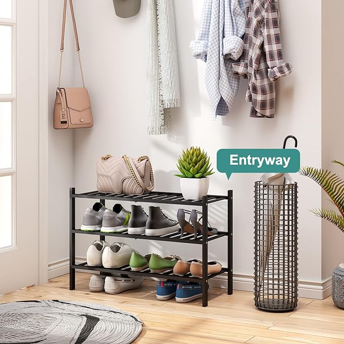 viewcare 3-Tier Black Bamboo Shoe Rack for Entryway, Stackable | Foldable | Natural, Shoe Shelf Storage Organizer for Hallway