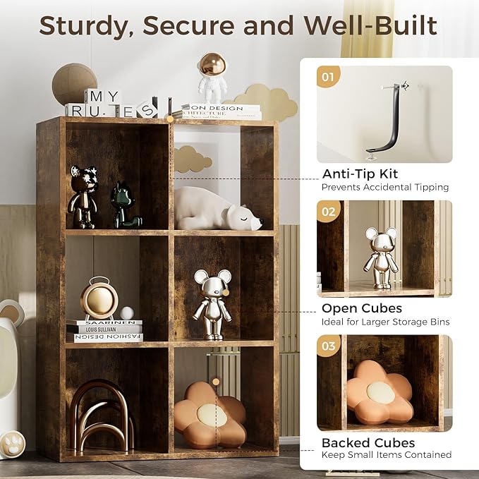 COMHOMA 6 Wood Cube Storage Organizer with Open Back and Removable Back Panels, 11In Brown Cube Storage Bookshelf, Cubicle Sh