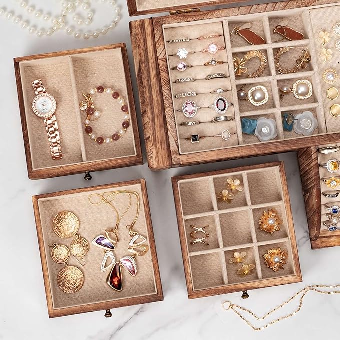 Poyilooo Jewelry Box Organizer, Solid Wood Jewelry Boxes for Women for Storage & Display Necklace Ring Earring Bracelet, Rust