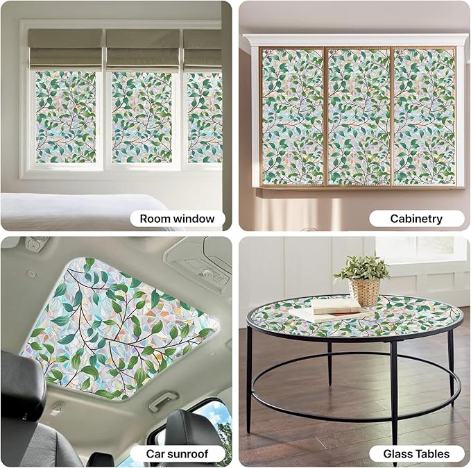 Spring Window Clings Decorative,3D Rainbow Window Privacy Film Sunroof Stained Glass Film, Non-Glue Static Cling Tint for Home Room Bathroom Glass Door Decor(Green Leaves, 16.9" x 39.4")