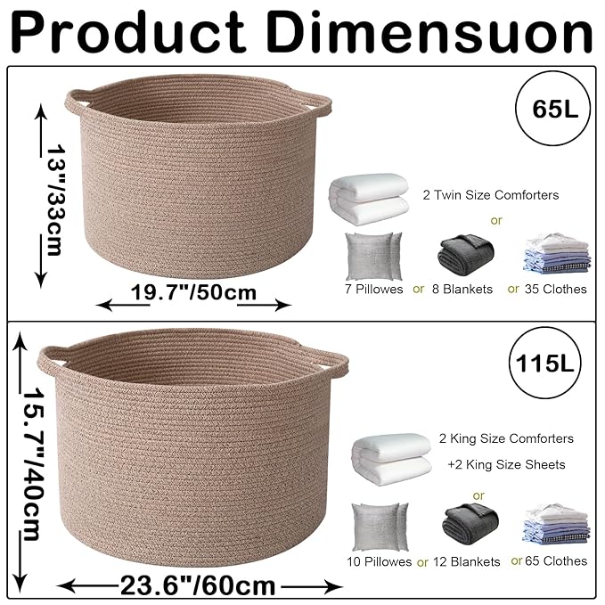 115L Large Blanket Basket,23.6" L x 23.6" W x 15.7" H Rope Woven Baskets with Handles, Toys Storage Bins,Laundry Basket Perfe