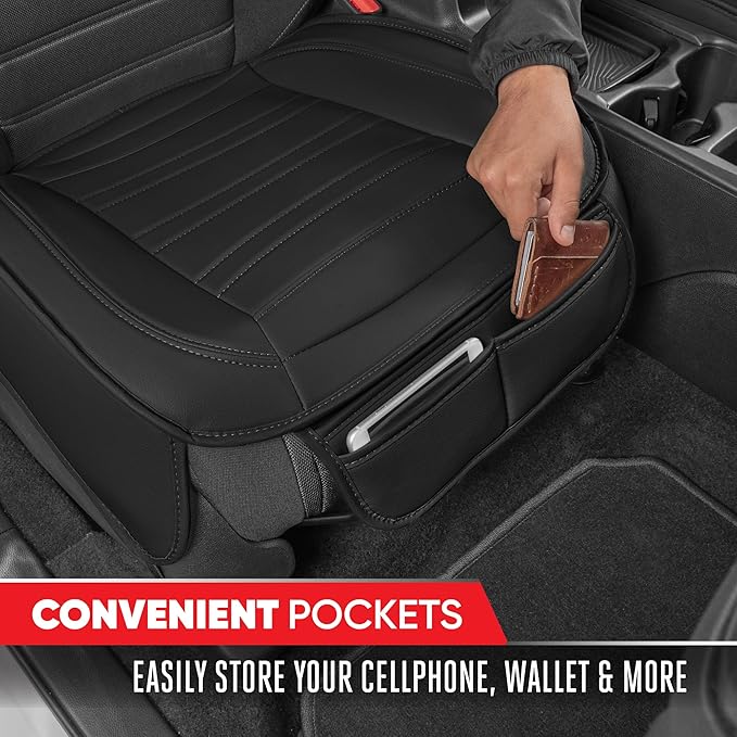 Motor Trend Seat Covers for Cars Trucks SUV, Faux Leather 2-Pack Black Padded with Storage Pockets, Premium Interior Car Seat