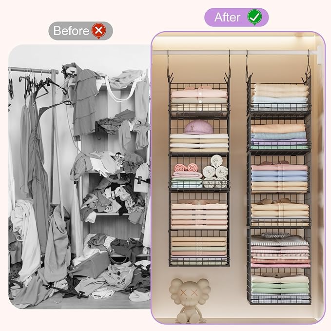 6 Tier Hanging Closet Organizers and Storage Stackable Hanging Closet Shelves with 4 Hooks 2 Adjustable Dividers, Wire Storag