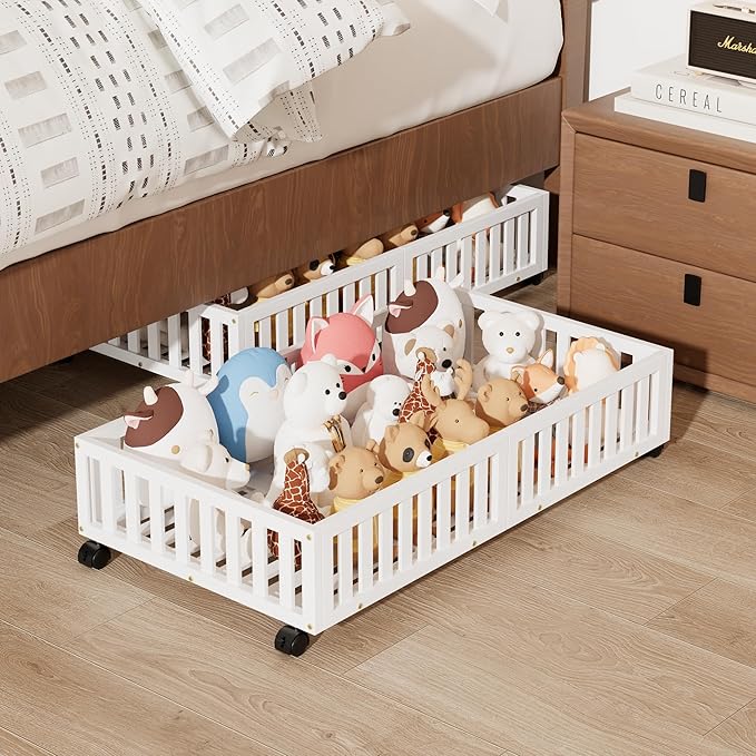 Bamboo Under Bed Storage with Wheels,Rolling Underbed Shoe Organizer Box for Shoes,Blankets,Toys,Clothes Container Space-Savi