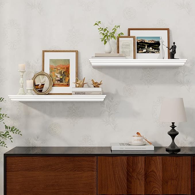 Axeman 24 Inch Floating Shelves for Wall, 9.3" Deep Crown Molding Wood Display Shelf with Heavy Duty Invisible Brackets for L