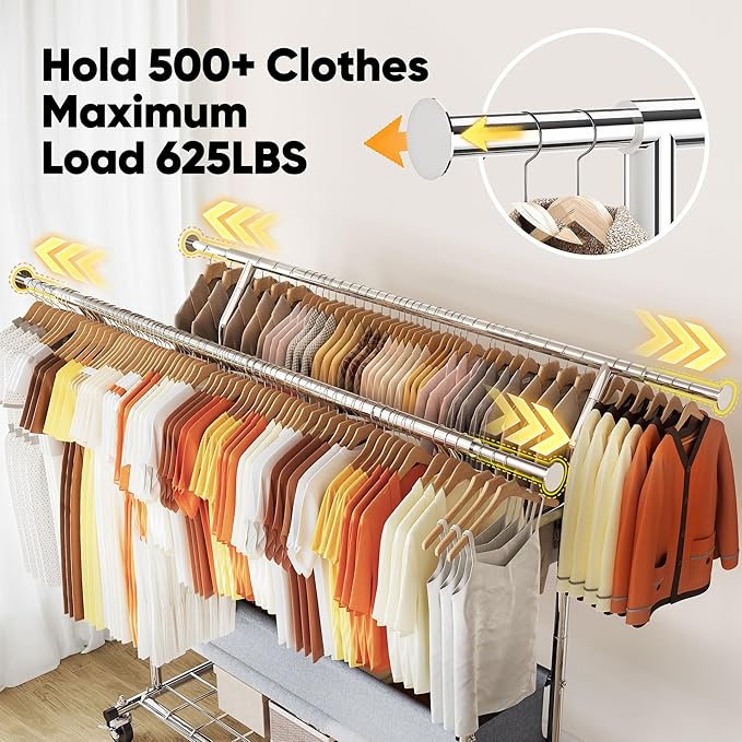 HOKEEPER Clothing Rack Heavy Duty Clothes Rack for Hanging Clothes Load 625LBS Extendable Double Rod Clothes Rack, Adjustable