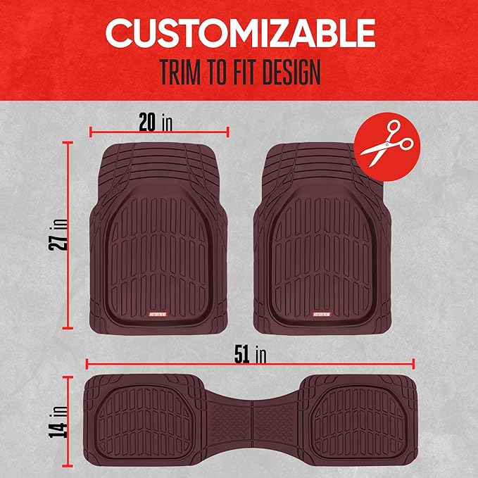 Motor Trend FlexTough Floor Mats for Cars, Burgundy Deep Dish All-Weather Car Mats, Waterproof Trim-To Fit Automotive Cars Trucks SUV, Universal Liner Accessories