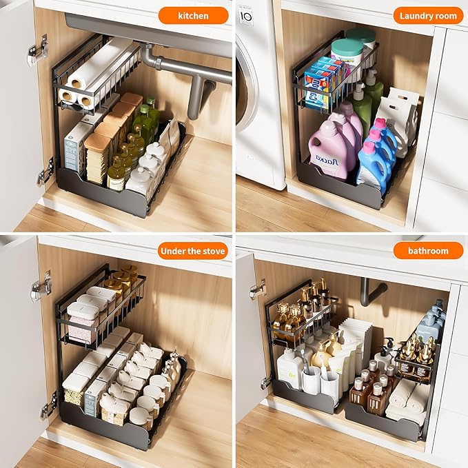 Under Sink Organizer, 2-Tier L-Shaped Pull Out Cabinet Shelf with 2 Installation Methods, Adjustable Sliding Storage Drawer f