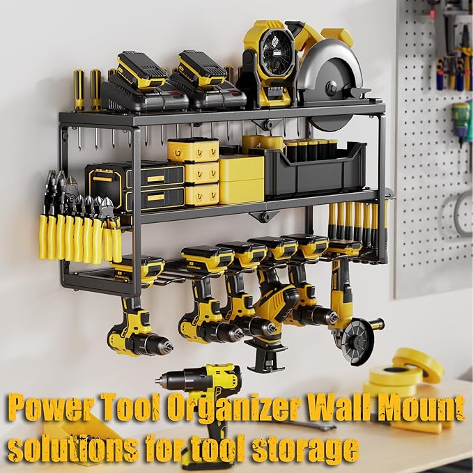 Power Tool Organizer Wall Mount, 7 Slots Cordless Drill Holder Storage Rack, Heavy Duty Battery Tools Holder with Shelf for C