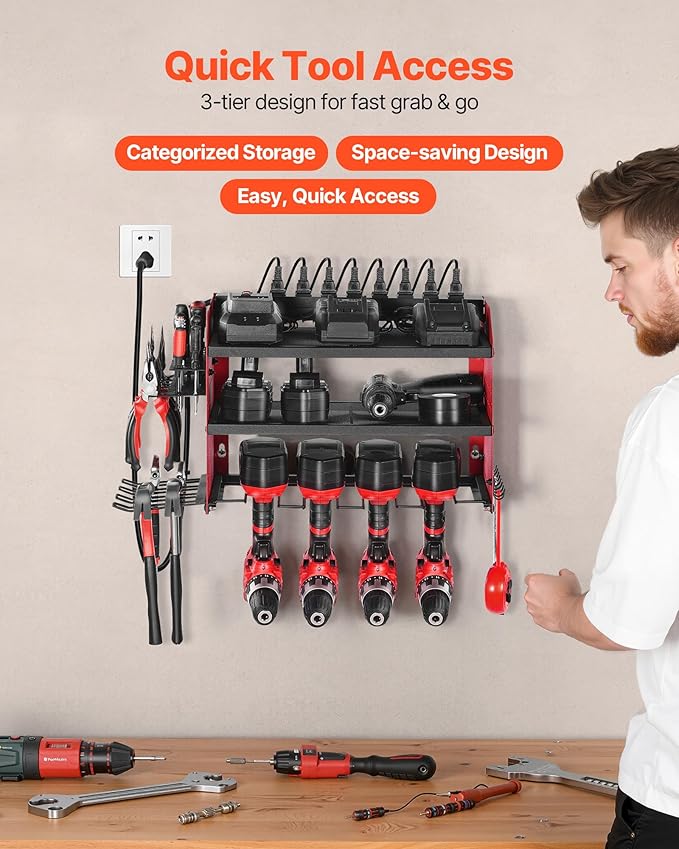VEVOR Power Tool Organizer with Charging Station, 3-Layer Drill Storage Rack with 4 Drill Holders & Side Pegboard, Garage Too