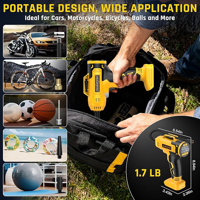 Tire Inflator Portable Air Compressor Compatible with Dewalt 20V Battery, DC 12V Car Power Supply, 160PSI Cordless Air Pump with LCD Pressure Gauge, LED Light, 5 Preset Modes for Car, Bike, Ball