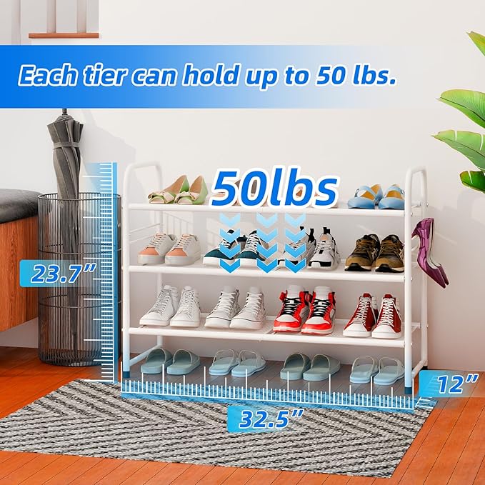 SUFAUY 3-Tier Mesh Shoe Rack, Closet Metal 33" Wide Shoe Shelf Heavy Duty, White