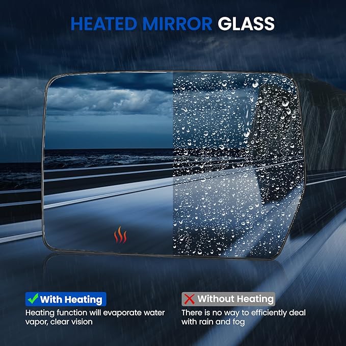 Driver Left Side Heated Mirror Glass 4L3Z-17K707-DB 4L3Z17K707DB Compatible With Ford F150 2004-2014, Driver Left Exterior Side Rearview Mirror Glass with Rear Holder & Backing Plate
