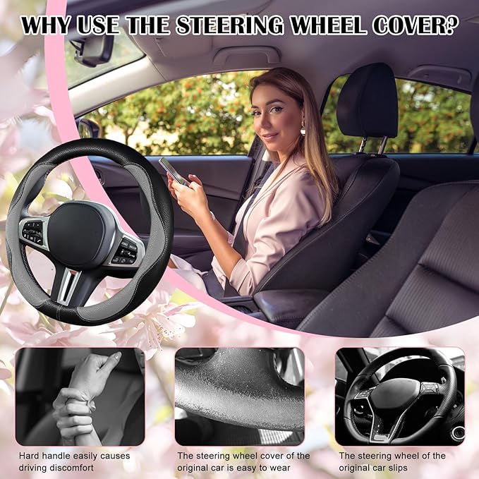 SuperKaKa Gray and Black Car Steering Wheel Cover 2025, Universal Auto PU Cute Breathable Slip-Proof Comfort Imitation Leathe