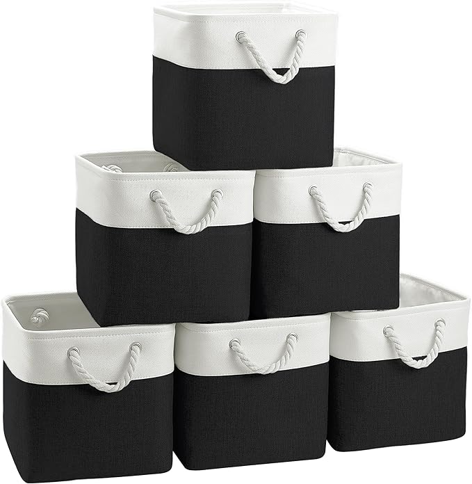 FinishingBo Large 11x11 Inch Cube Storage Bins with Cotton Handles for Closet, Shelves, Clothes, Towel (White/ Black-6 Pack)
