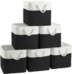 FinishingBo Large 11x11 Inch Cube Storage Bins with Cotton Handles for Closet, Shelves, Clothes, Towel (White/ Black-6 Pack)
