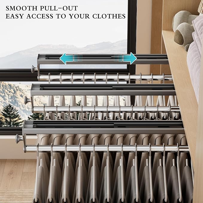 Pull Out Closet Rod, 15.7inch Heavy Duty Pants Rack, Adjustable Clothes Hanger Rail, Space Aluminum Valet Rod, Top Mounted Wa