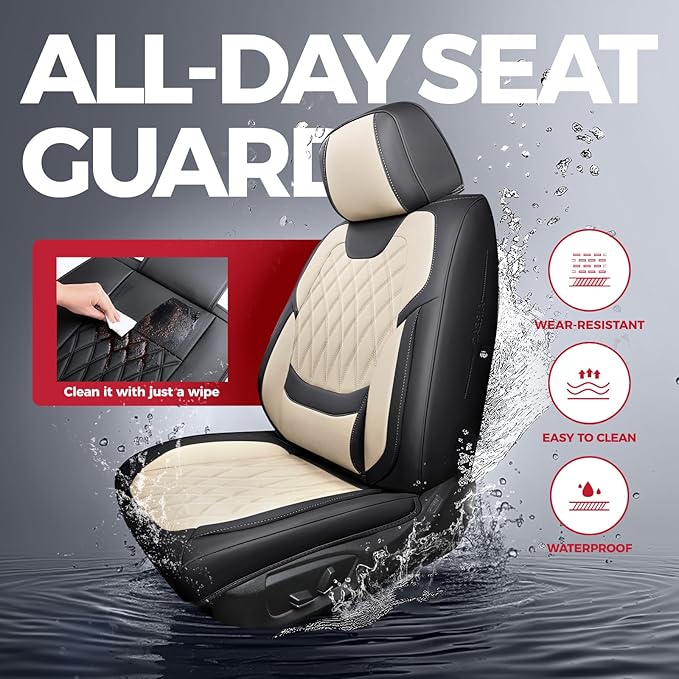 FREESOO Black Beige Car Seat Covers Full Set - Faux Nappa Leather Seat Covers for Cars, Luxury Breathable Waterproof Front Se
