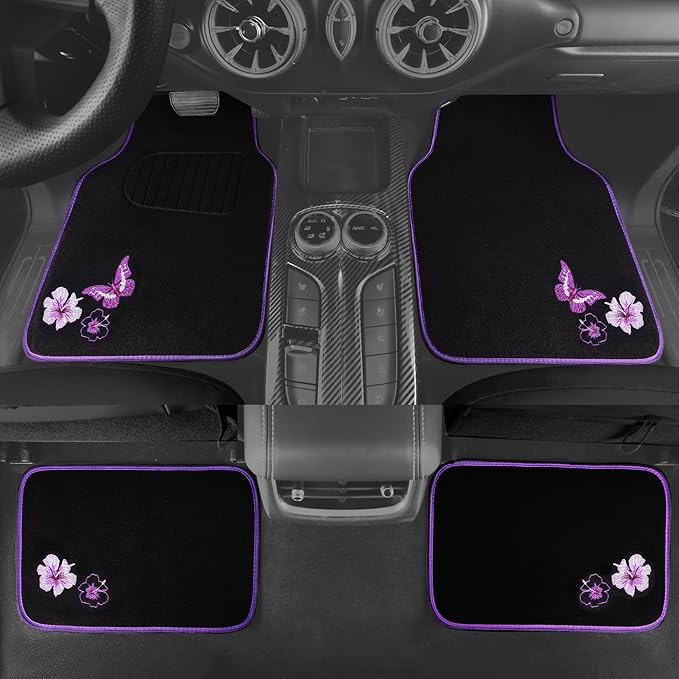 CAR PASS Embroidery Butterfly and Flower Car Floor Mats, Purple Car Floor Mats, Universal Fit 95% Automotive,SUVS,Sedan,Vans,