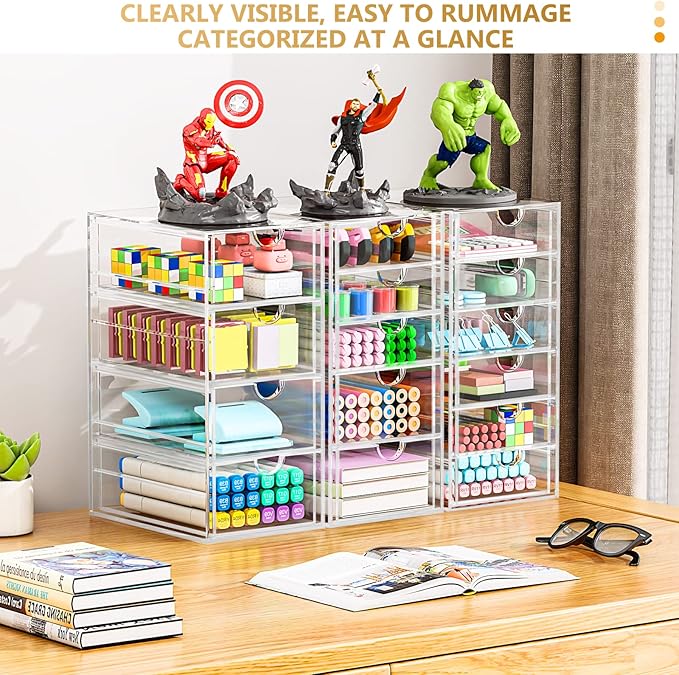 Acrylic 3 Pack Desk Organizers and Accessories, Makeup Organizer Storage With 15 Drawers, Desk Organizers, Dustproof Drawer O