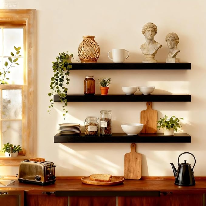 ROGMARS Black Wooden Floating Shelves for Wall 36 Inches Long,Rustic Solid Wood Farmhouse Wall Shelves with Invisible Bracket