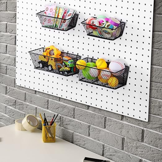 Sieral 4 Pcs Black Pegboard Baskets Metal Wire Shelf Baskets Peg Board Organizer Accessories Wall Mount Organizer Attachments