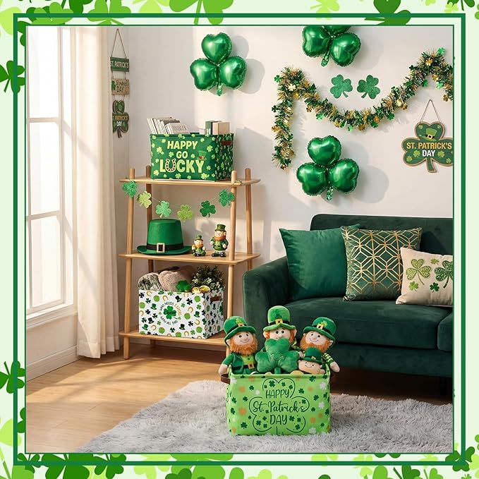 Boao 3 Pack Saint Patrick's Day Storage Baskets for Gifts Empty Collapsible Large Lucky Clover Storage Bins, Canvas Laundry B