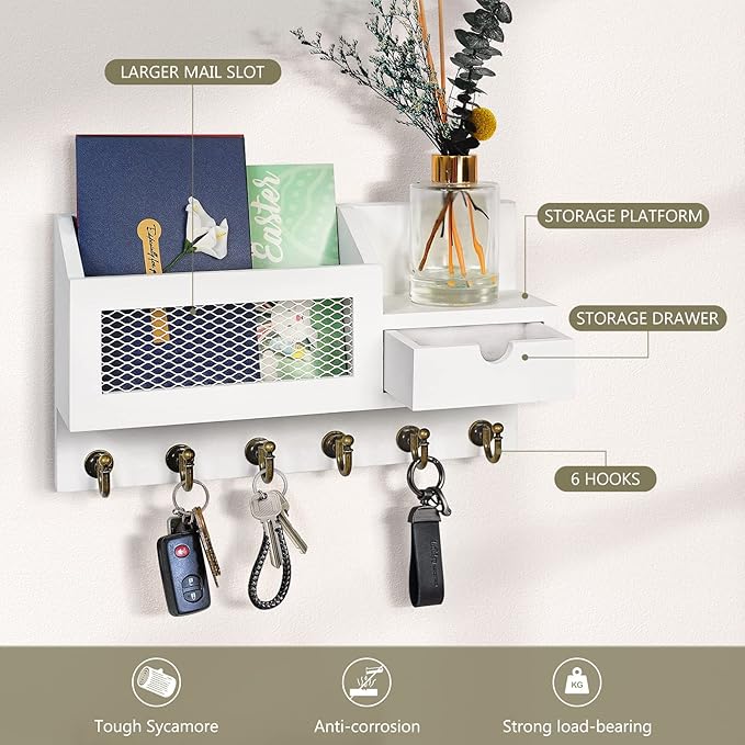 FifthQuarter Key and Mail Holder for Wall, Mail Organizer Wall Mount with 6 Hooks and Storage Drawer, Easy Installation Key R