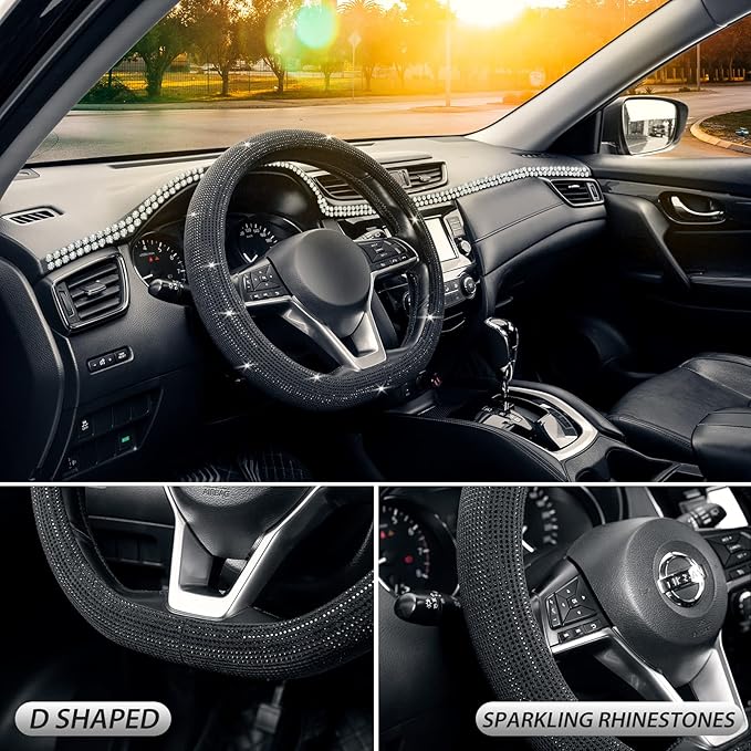 SEG Direct Diamond Flat Bottom Steering Wheel Cover, D Shaped Car Wheel Cover 14 1/2-15 in. (37-39 cm), Bling Sparkly Rhinest