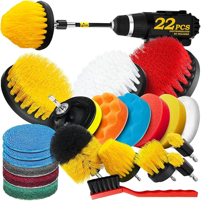 Holikme 22Pack Drill Brush Attachments Set,Scrub Pads & Sponge, Buffing Pads,Power Scrubber Brush,Car Polishing Pad Kit,Wax A