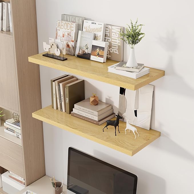 Dreamland 36" Floating Shelves for Wall, 12" Deep Slim Oak Floating Shelves, Wall-Mounted Shelves for Bedroom, Living Room, K