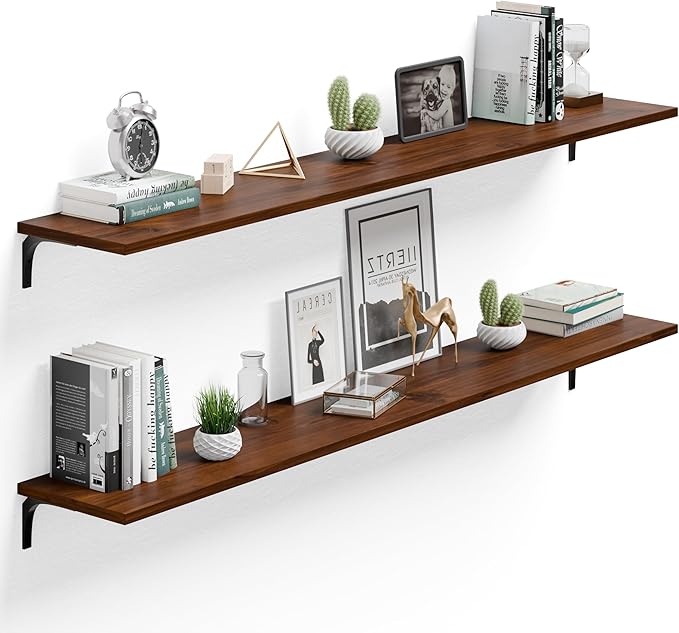 12 Inch Deep Floating Shelves Set of 2, 72 Inch Extra Wide Vintage Walnut Solid Wood Wall Shelves, 6ft Heavy Duty Farmhouse W
