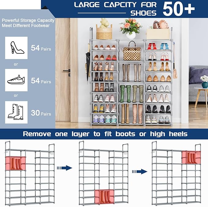 Mavivegue 9 Tiers Tall Shoe Organizer - Vertical Shoe Shelf for 50-55 Pairs, Stackable Racks for Entryway, Closet, Garage - G