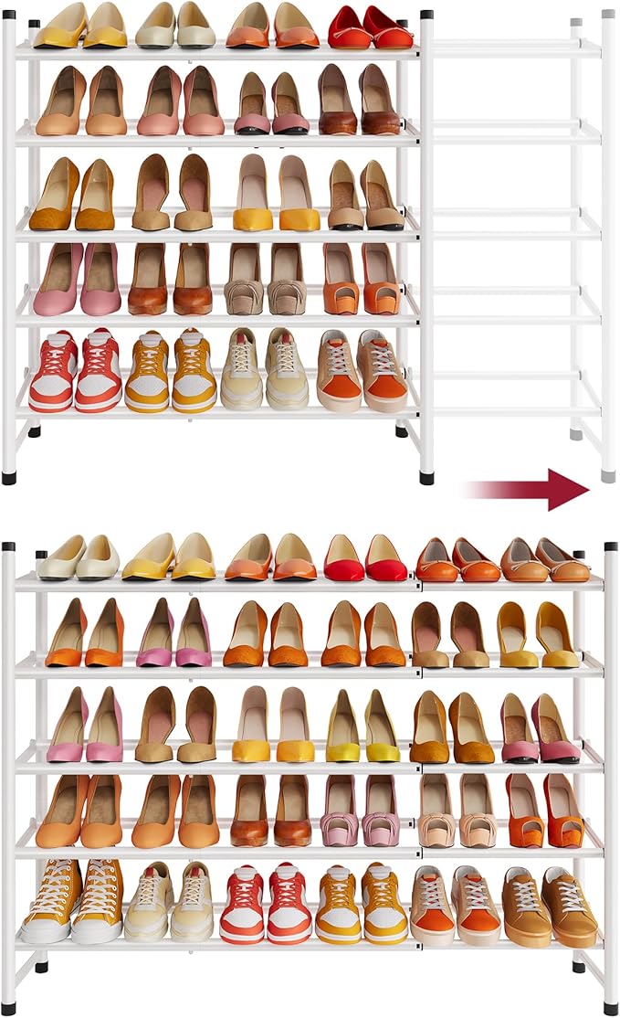 Tajsoon Expandable Shoe Rack for Closet 5 Tier, 29“-41“Adjustable & Stackable Shoe Shelf Storage, Metal Shoe Rack Organizer f