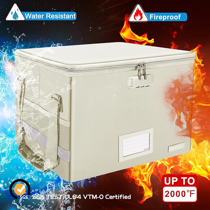 ENGPOW File Box with Lock,Fireproof Document Box with Zipper Lid,Collapsible File Storage Organizer Filing Cabinet with Handl