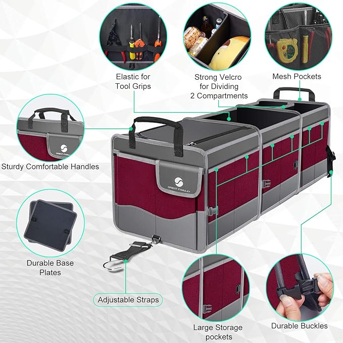 Trunk Organizer with Cooler, Collapsible Trunk Storage Container with Non Slip Bottom Strips, Large Multi-Compartment Waterproo